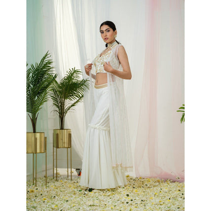 Tamaraa by Tahani Off White Enigma Jacket with Blouse and Shaara (Set of 3)