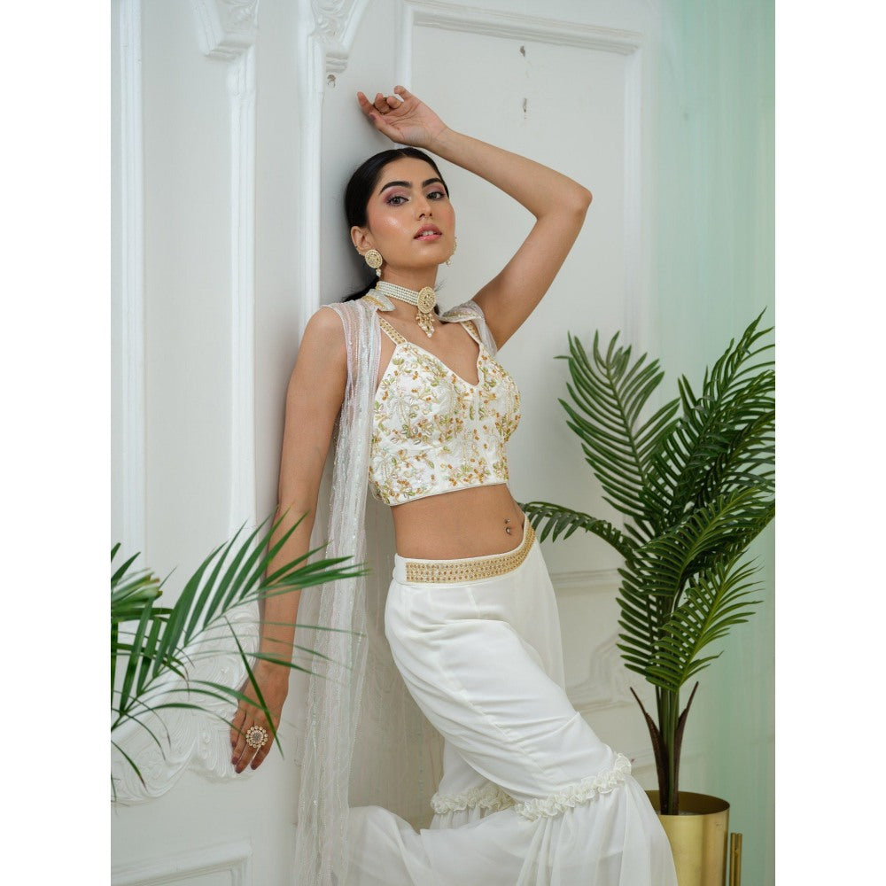 Tamaraa by Tahani Off White Enigma Jacket with Blouse and Shaara (Set of 3)