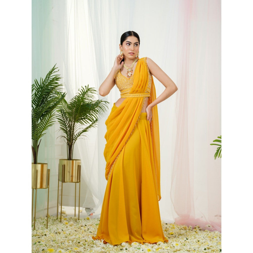 Tamaraa by Tahani Mustard Yellow Stardust Belt Attached Drape Saree with Stitched Blouse