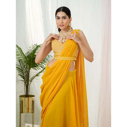 Tamaraa by Tahani Mustard Yellow Stardust Belt Attached Drape Saree with Stitched Blouse