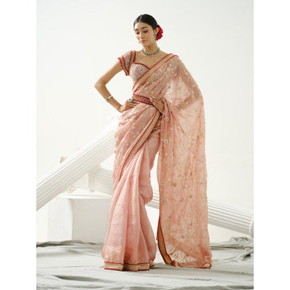 Tamaraa by Tahani Pink Floral Handcrafted Saree and Belt with Stitched Blouse