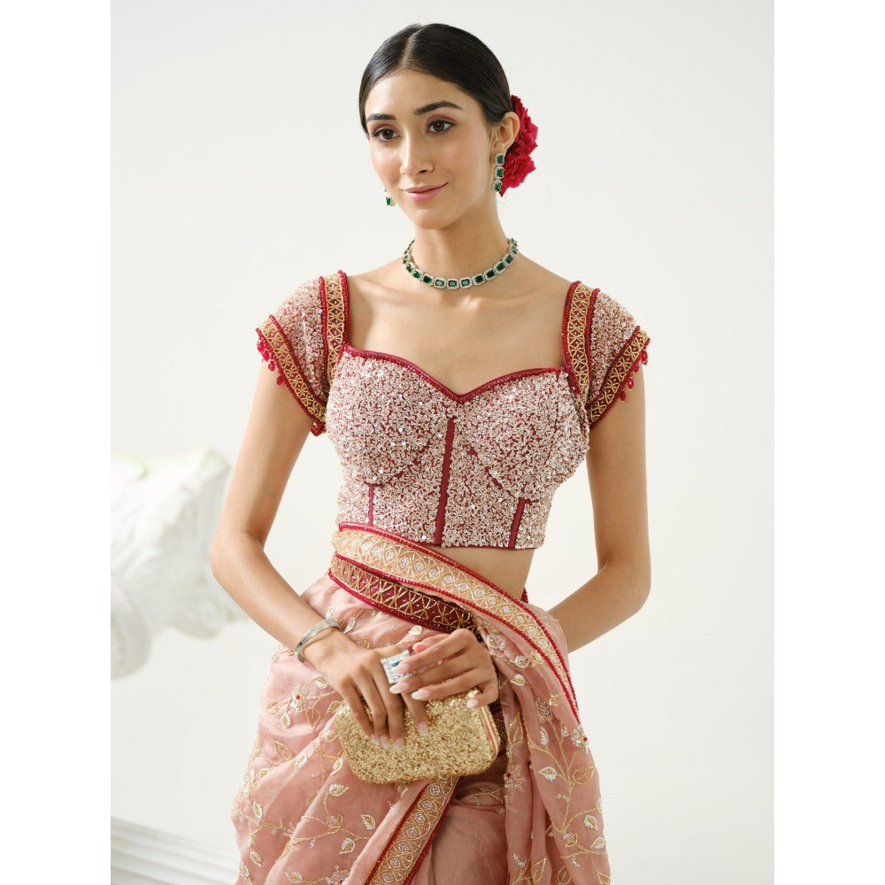 Tamaraa by Tahani Pink Floral Handcrafted Saree and Belt with Stitched Blouse