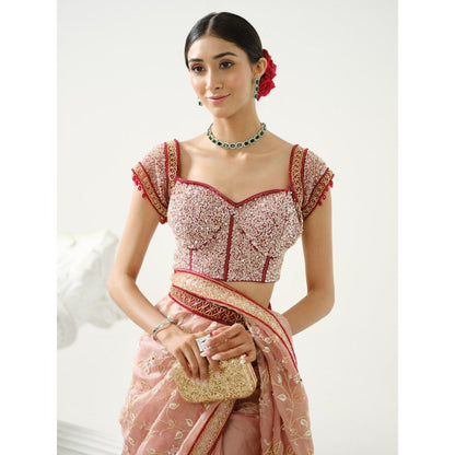 Tamaraa by Tahani Pink Floral Handcrafted Saree and Belt with Stitched Blouse