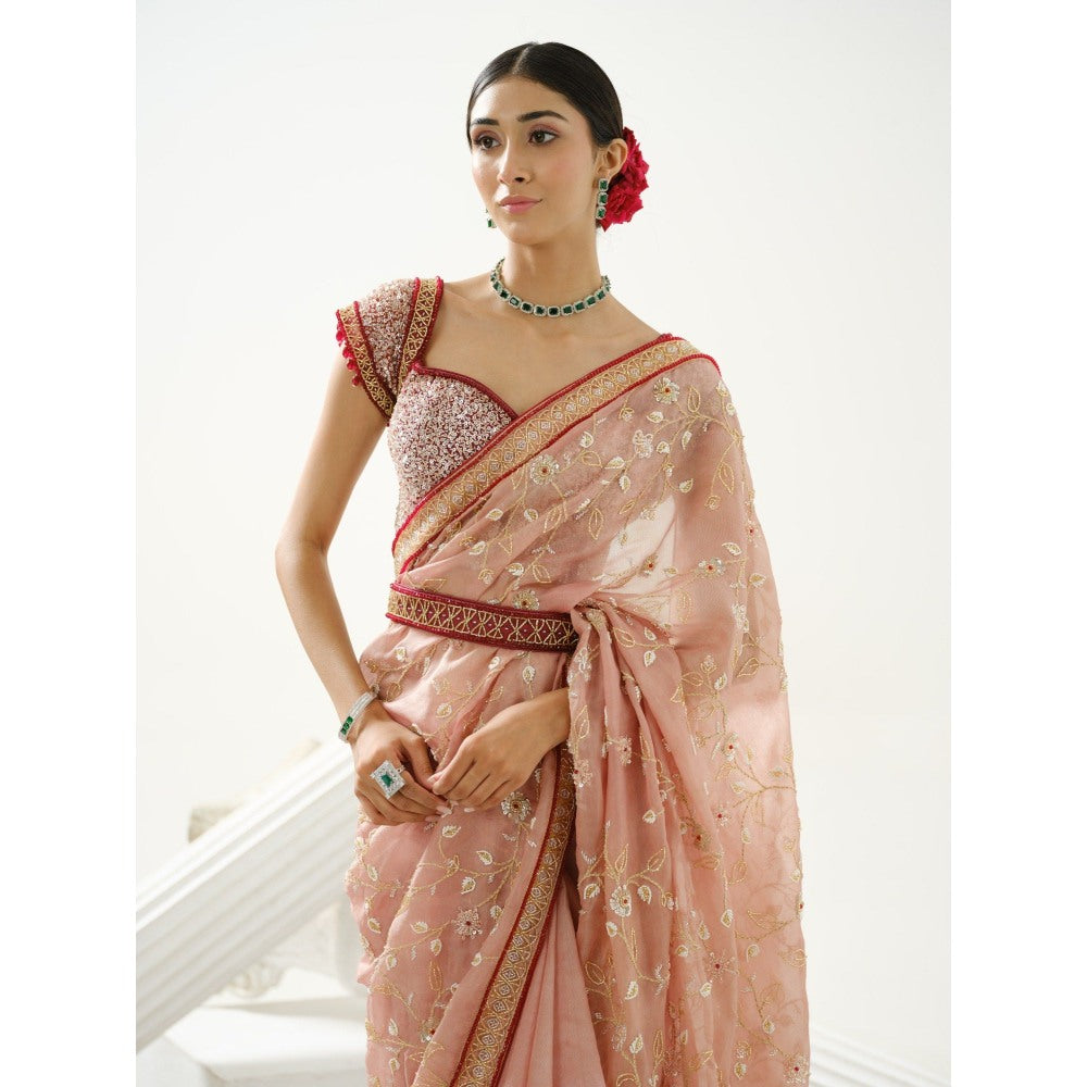 Tamaraa by Tahani Pink Floral Handcrafted Saree and Belt with Stitched Blouse