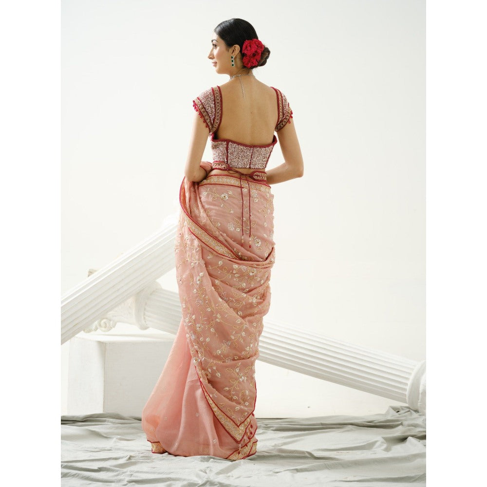 Tamaraa by Tahani Pink Floral Handcrafted Saree and Belt with Stitched Blouse