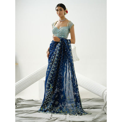 Tamaraa by Tahani Blue Organza Floral Handcrafted Saree with Stitched Blouse
