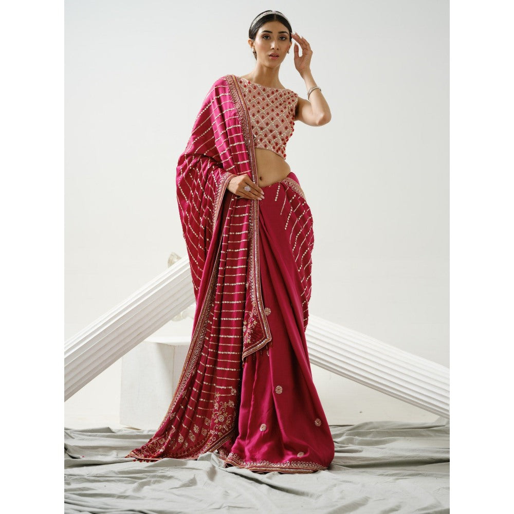 Tamaraa by Tahani Harmony Cherry Pink Handcrafted Saree with Stitched Blouse
