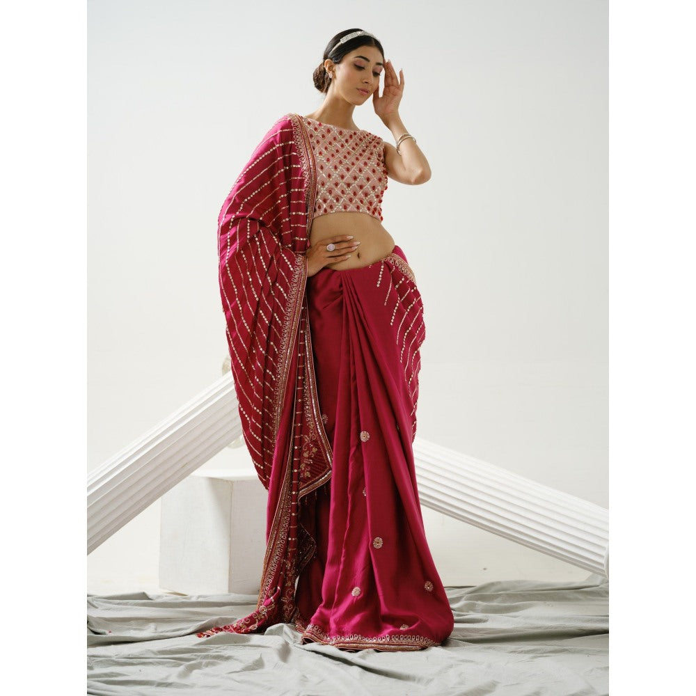 Tamaraa by Tahani Harmony Cherry Pink Handcrafted Saree with Stitched Blouse