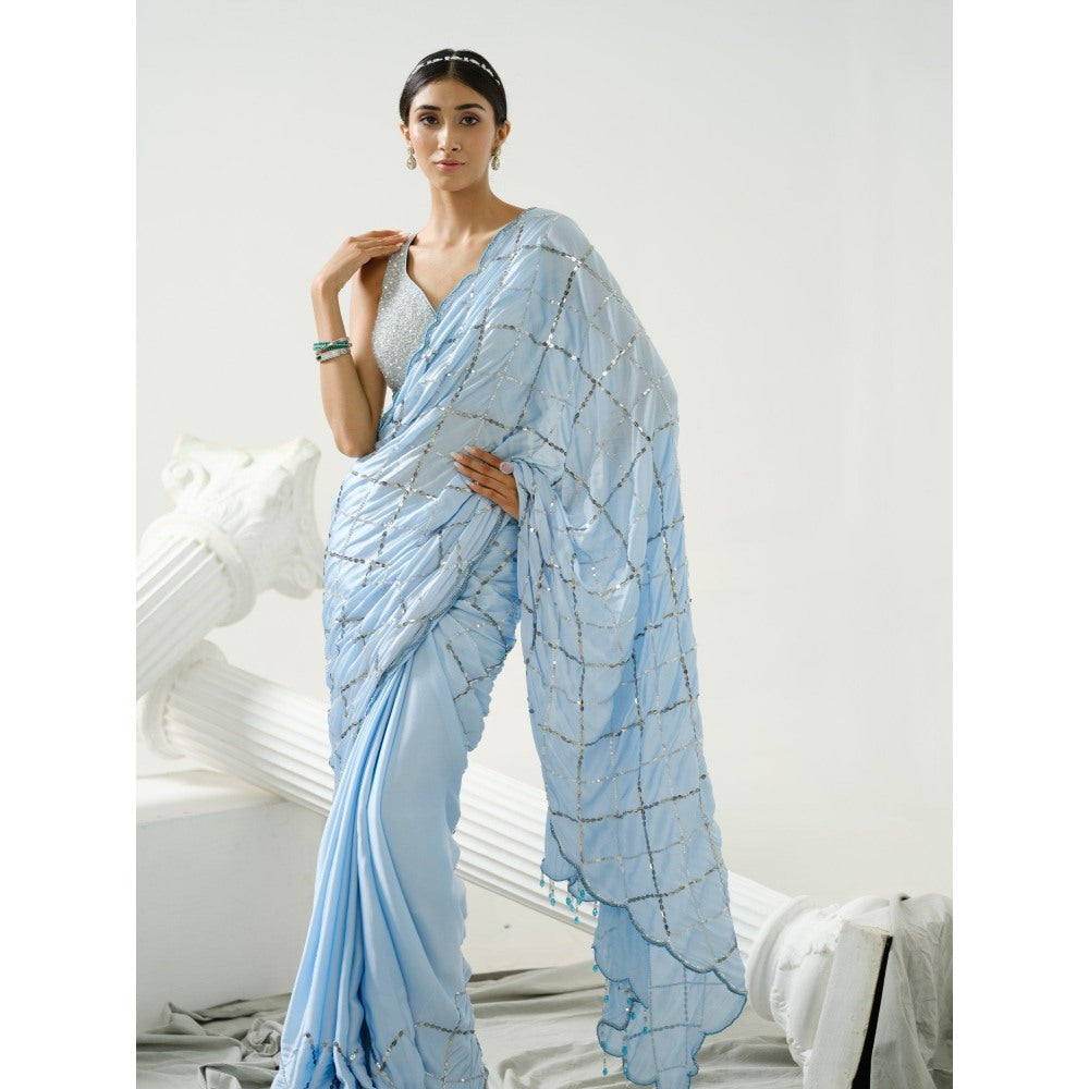 Tamaraa by Tahani Lyre Blue Sequin Saree with Stitched Blouse