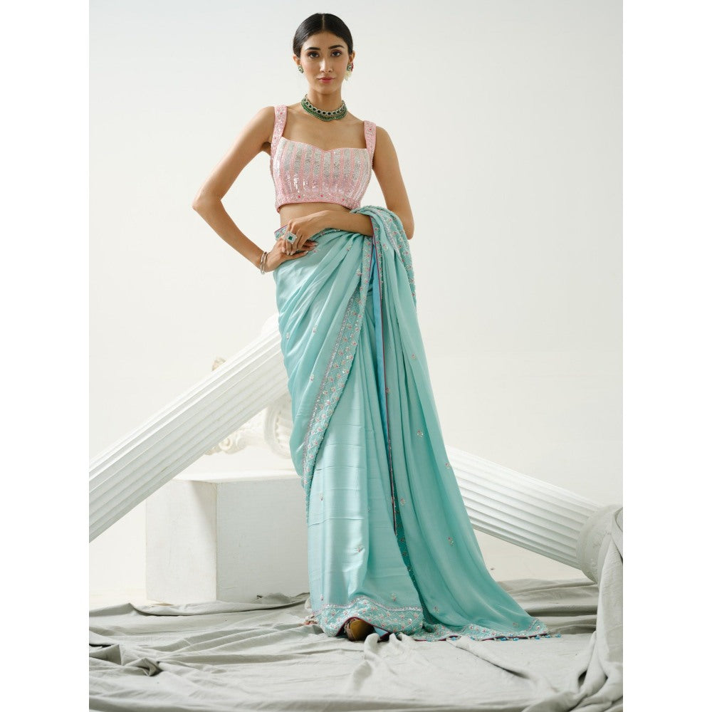 Tamaraa by Tahani Aida Ocean Blue Sequin Saree with Stitched Blouse