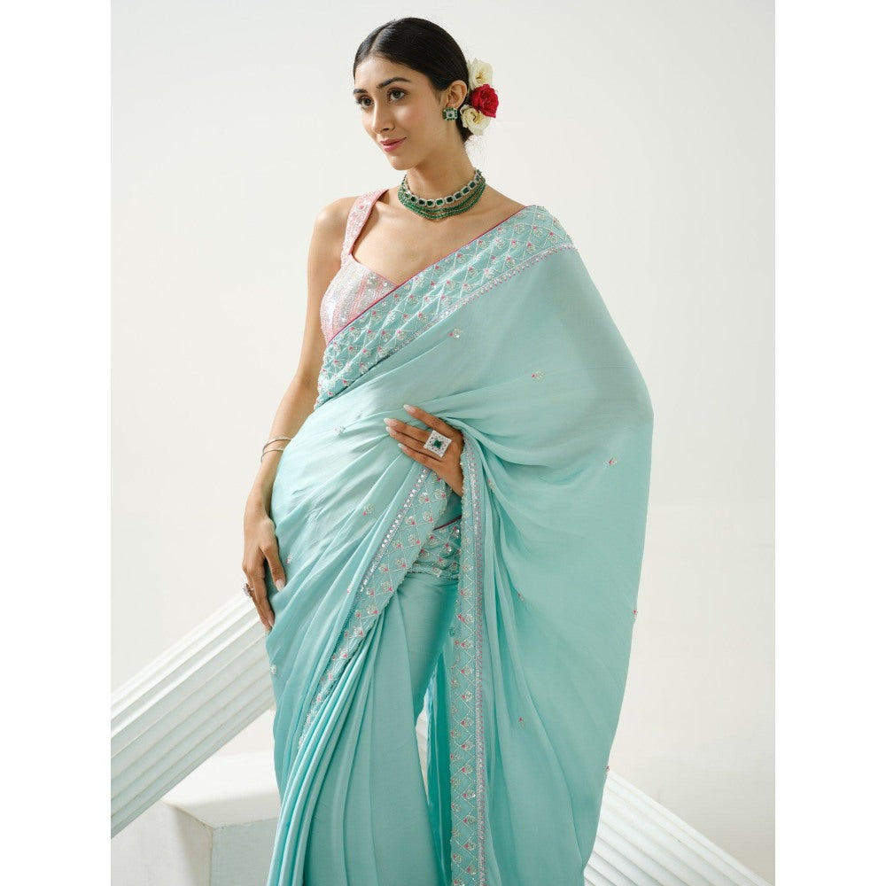 Tamaraa by Tahani Aida Ocean Blue Sequin Saree with Stitched Blouse