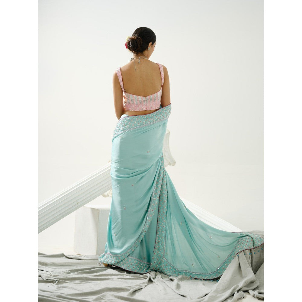 Tamaraa by Tahani Aida Ocean Blue Sequin Saree with Stitched Blouse