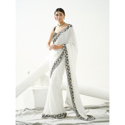 Tamaraa by Tahani White Floral Border Saree with Stitched Blouse
