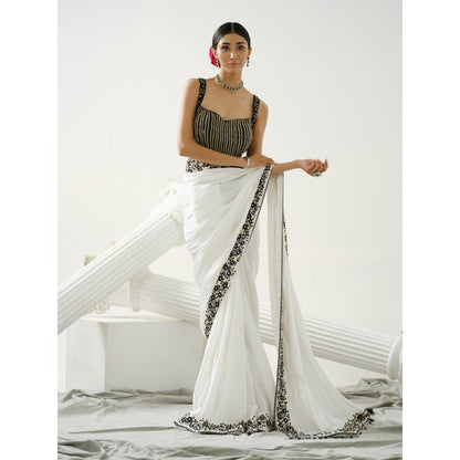 Tamaraa by Tahani White Floral Border Saree with Stitched Blouse