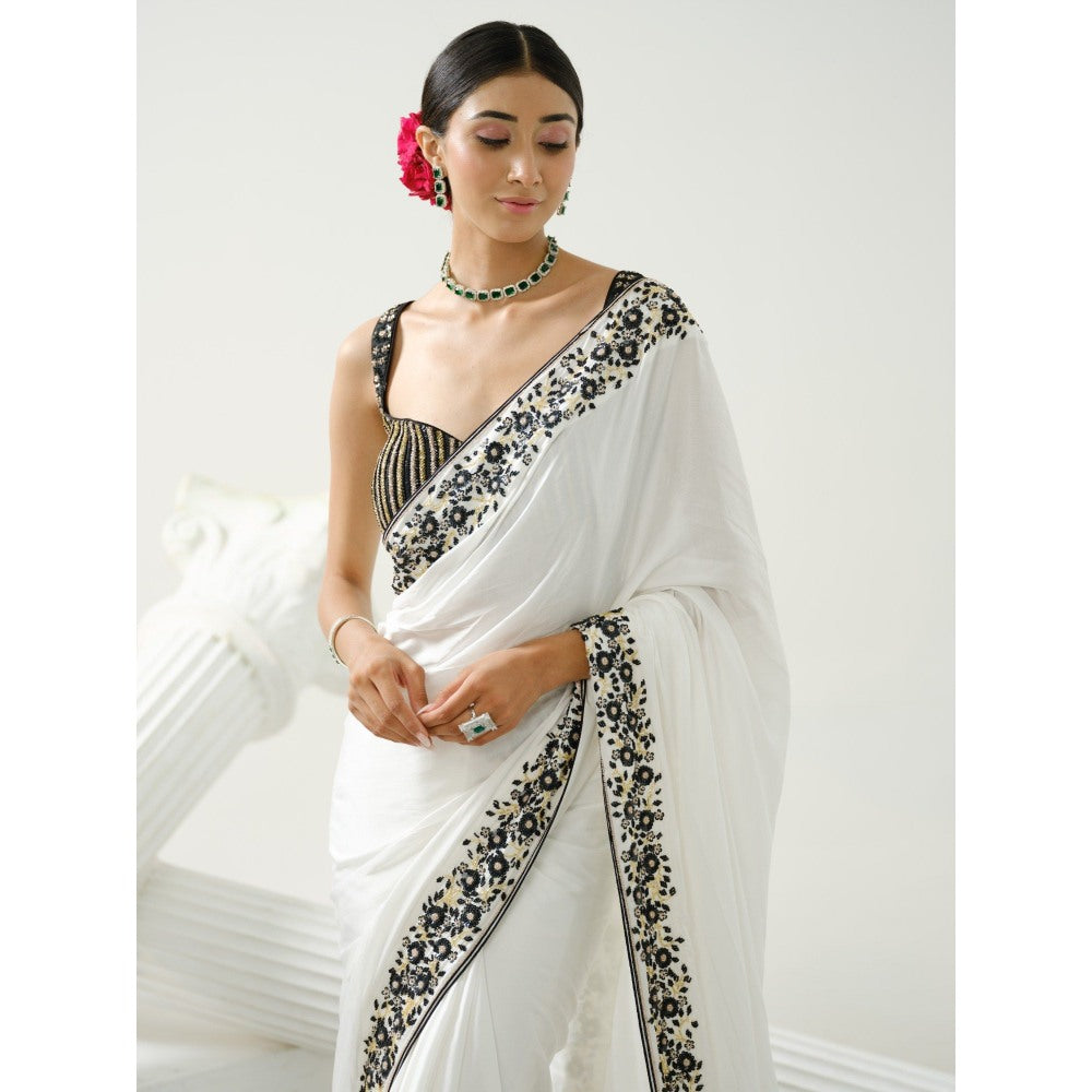 Tamaraa by Tahani White Floral Border Saree with Stitched Blouse