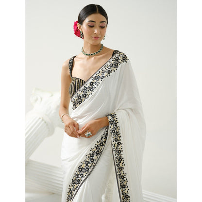 Tamaraa by Tahani White Floral Border Saree with Stitched Blouse
