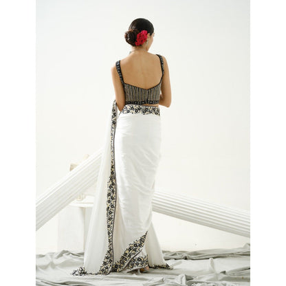 Tamaraa by Tahani White Floral Border Saree with Stitched Blouse