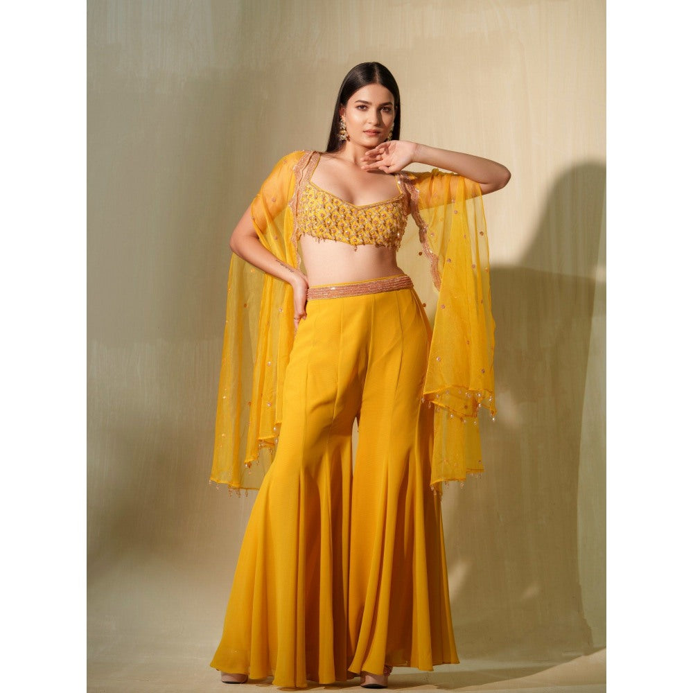 Tamaraa by Tahani Mustard Yellow Kalee Cape with Blouse and Shaara (Set of 3)