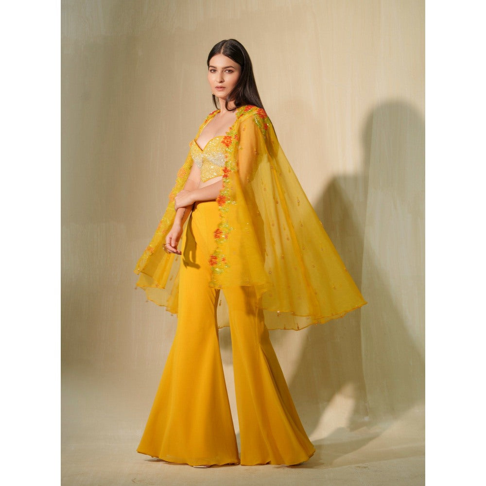 Tamaraa by Tahani Mustard Yellow Nargis Cape with Blouse and Shaara (Set of 3)