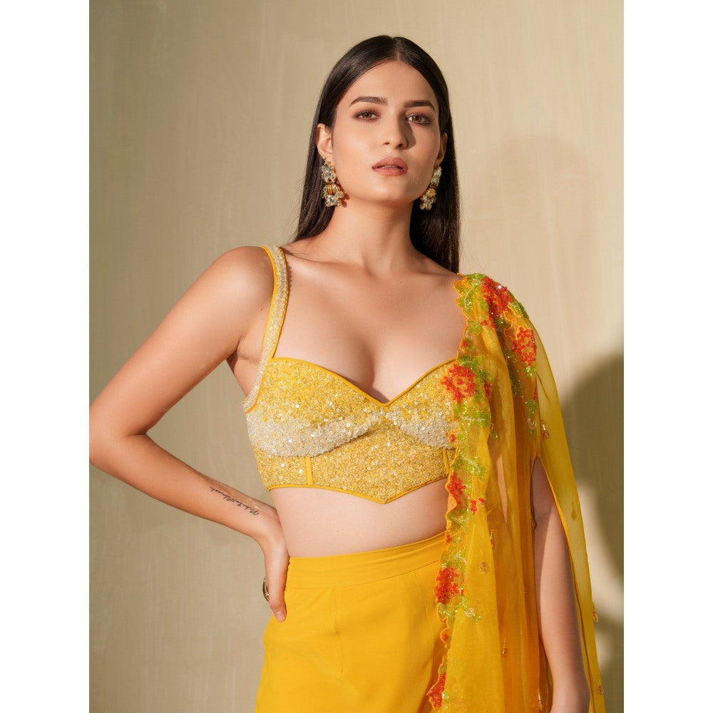 Tamaraa by Tahani Mustard Yellow Nargis Cape with Blouse and Shaara (Set of 3)