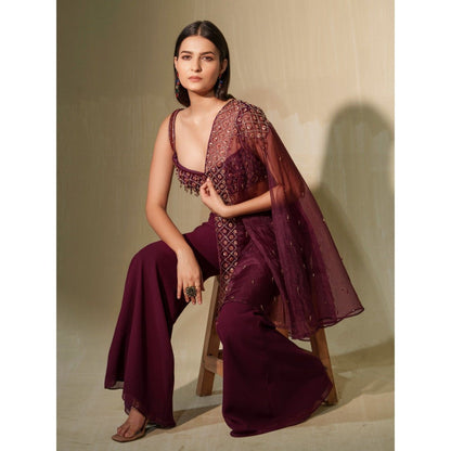 Tamaraa by Tahani Burgundy Laila Cape with Blouse and Shaara (Set of 3)