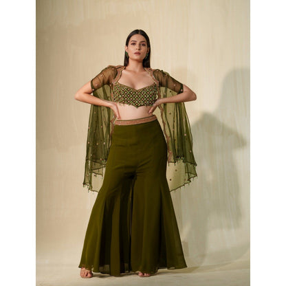 Tamaraa by Tahani Olive Maaya Cape with Blouse and Shaara (Set of 3)