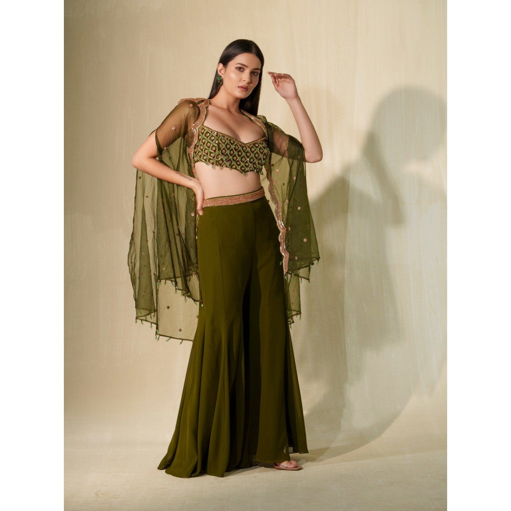 Tamaraa by Tahani Olive Maaya Cape with Blouse and Shaara (Set of 3)