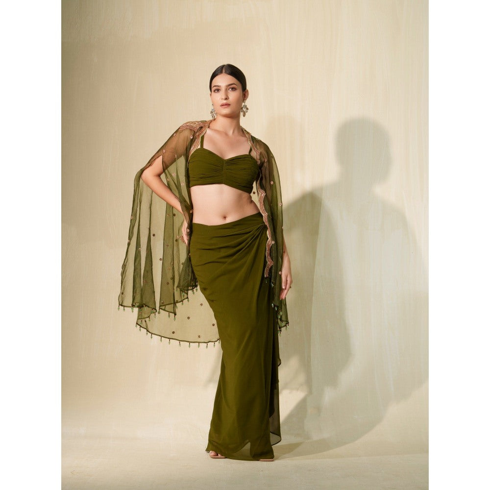 Tamaraa by Tahani Olive Kaamini Skirt with Top and Cape (Set of 3)