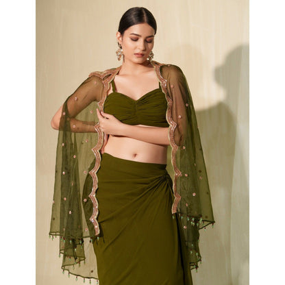 Tamaraa by Tahani Olive Kaamini Skirt with Top and Cape (Set of 3)