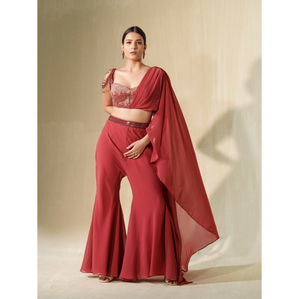 Tamaraa by Tahani Red Gulabo Attached Draped Top with Pant (Set of 2)