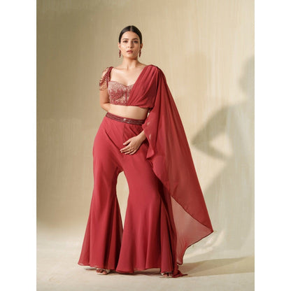 Tamaraa by Tahani Red Gulabo Attached Draped Top with Pant (Set of 2)