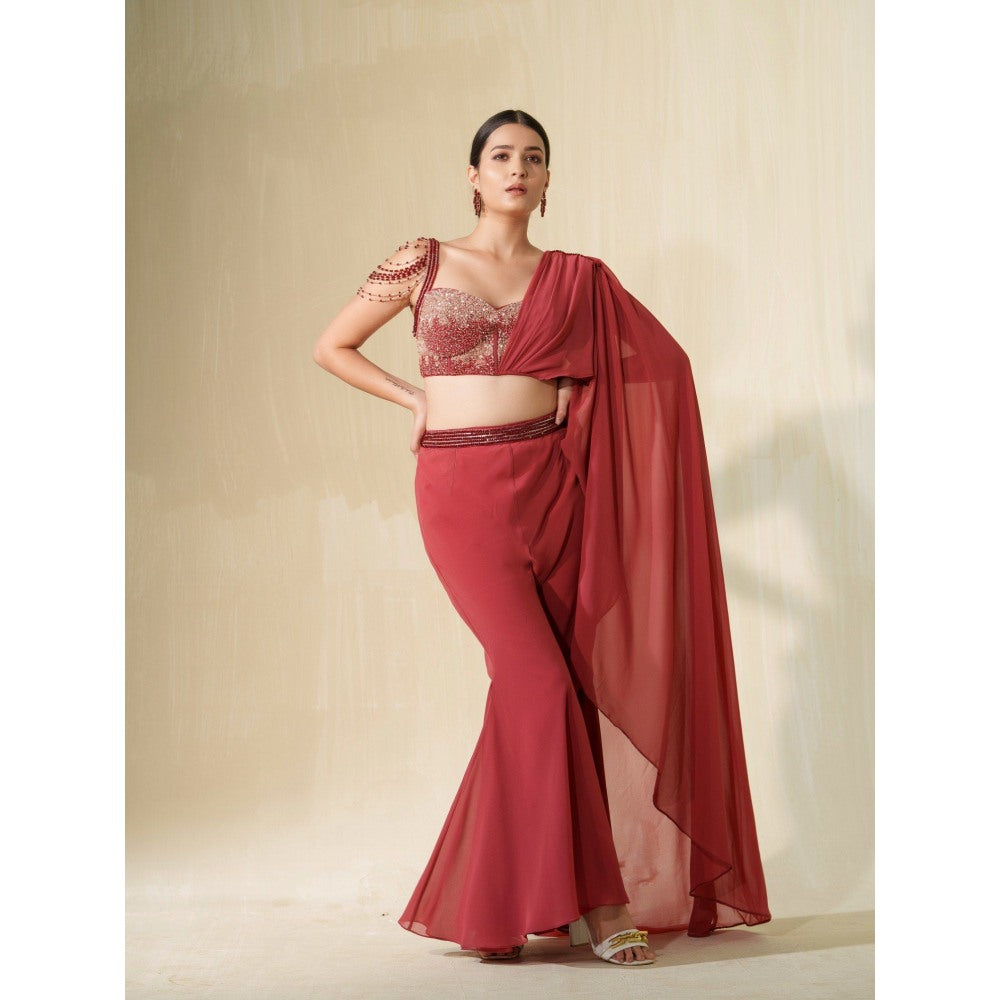 Tamaraa by Tahani Red Gulabo Attached Draped Top with Pant (Set of 2)