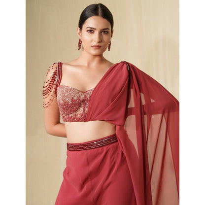 Tamaraa by Tahani Red Gulabo Attached Draped Top with Pant (Set of 2)