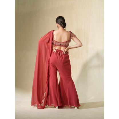 Tamaraa by Tahani Red Gulabo Attached Draped Top with Pant (Set of 2)