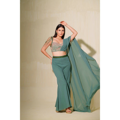 Tamaraa by Tahani Green Mallika Attached Draped Top with Pant (Set of 2)