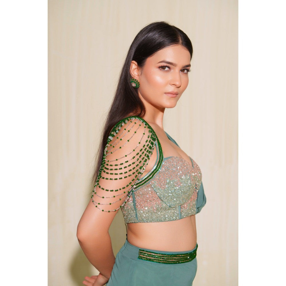 Tamaraa by Tahani Green Mallika Attached Draped Top with Pant (Set of 2)