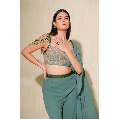 Tamaraa by Tahani Green Mallika Attached Draped Top with Pant (Set of 2)