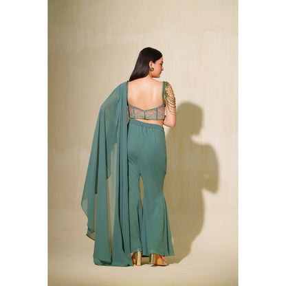 Tamaraa by Tahani Green Mallika Attached Draped Top with Pant (Set of 2)