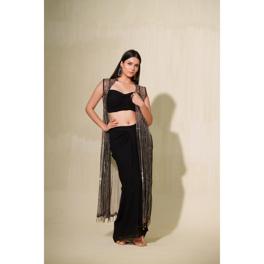 Tamaraa by Tahani Black Tara Jacket with Blouse and Skirt (Set of 3)