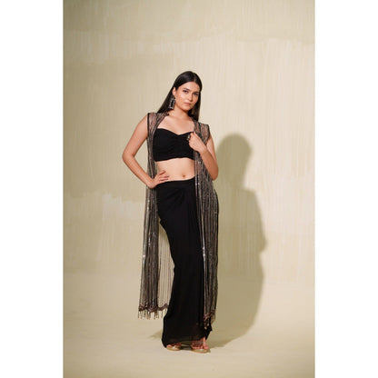 Tamaraa by Tahani Black Tara Jacket with Blouse and Skirt (Set of 3)