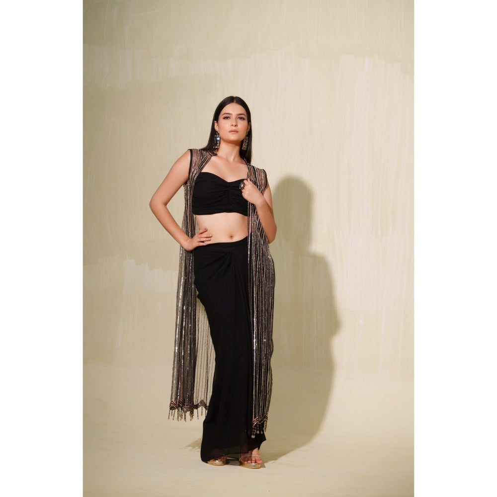 Tamaraa by Tahani Black Tara Jacket with Blouse and Skirt (Set of 3)