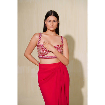 Tamaraa by Tahani Pink Gulmohar Jacket with Blouse and Skirt (Set of 3)