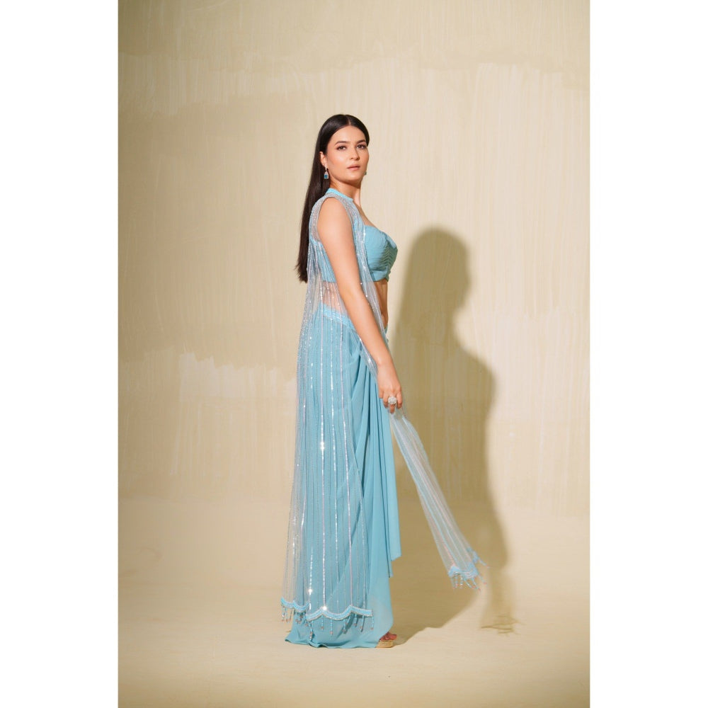 Tamaraa by Tahani Blue Aasmani Jacket with Blouse and Skirt (Set of 3)
