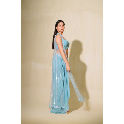 Tamaraa by Tahani Blue Aasmani Jacket with Blouse and Skirt (Set of 3)