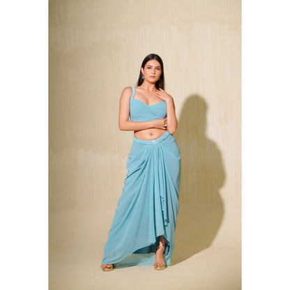 Tamaraa by Tahani Blue Aasmani Jacket with Blouse and Skirt (Set of 3)