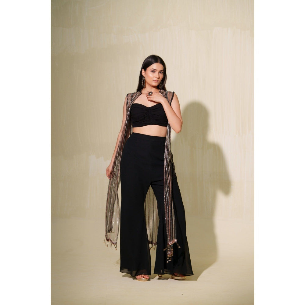 Tamaraa by Tahani Black Zuri Jacket with Blouse and Shaara (Set of 3)