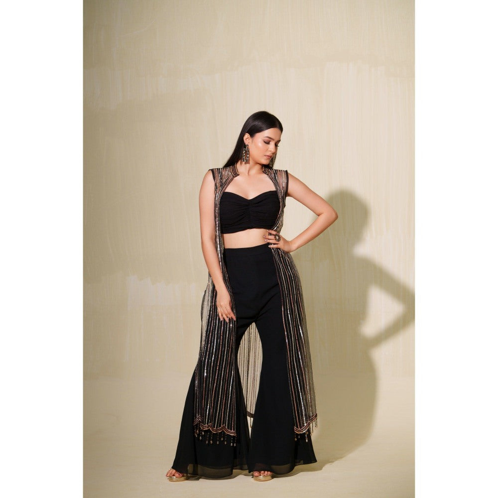 Tamaraa by Tahani Black Zuri Jacket with Blouse and Shaara (Set of 3)