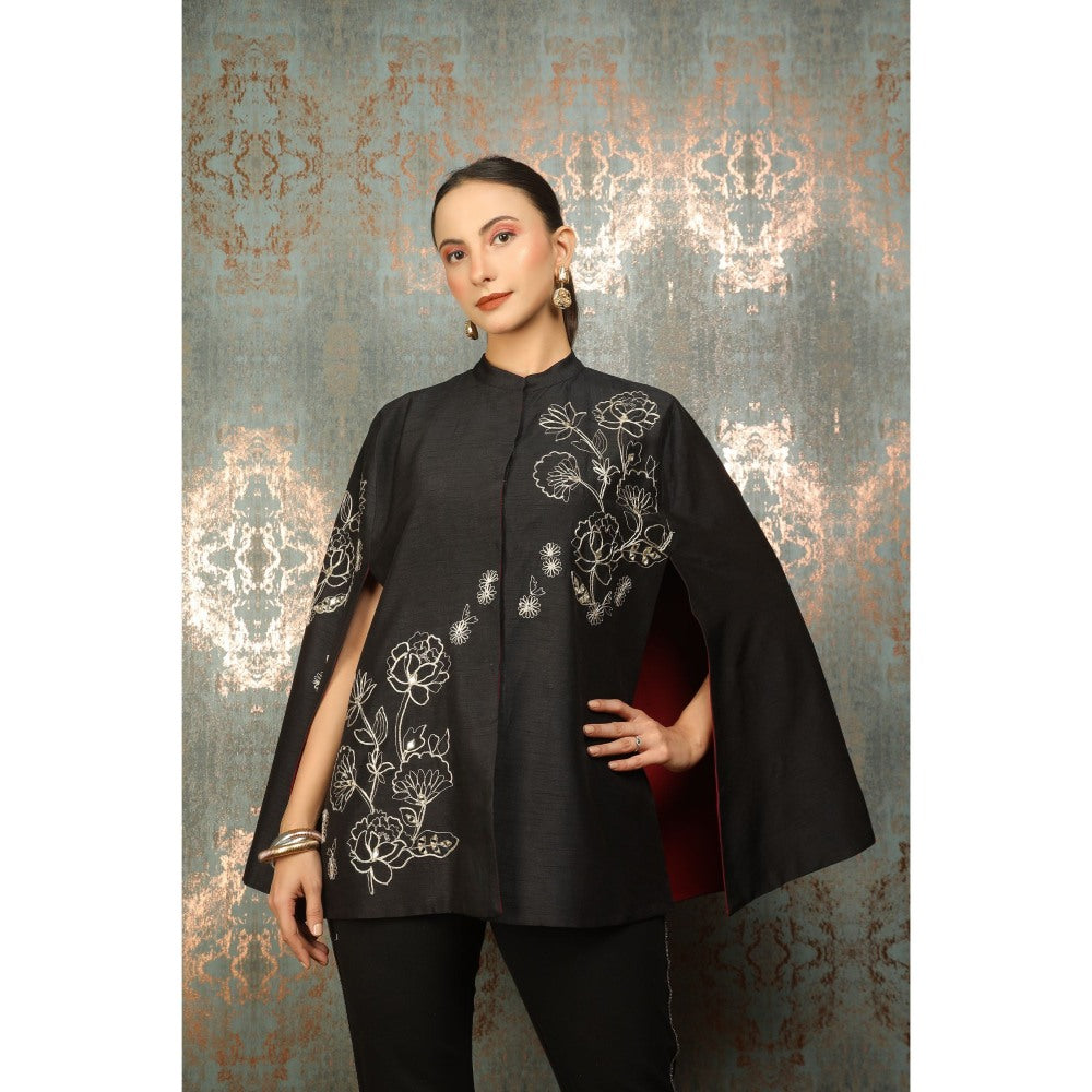 Tanu Malhotra Black Silk Floral Embroidered Cape