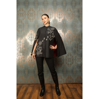 Tanu Malhotra Black Silk Floral Embroidered Cape
