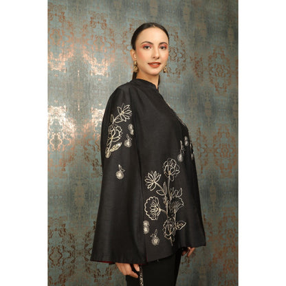 Tanu Malhotra Black Silk Floral Embroidered Cape